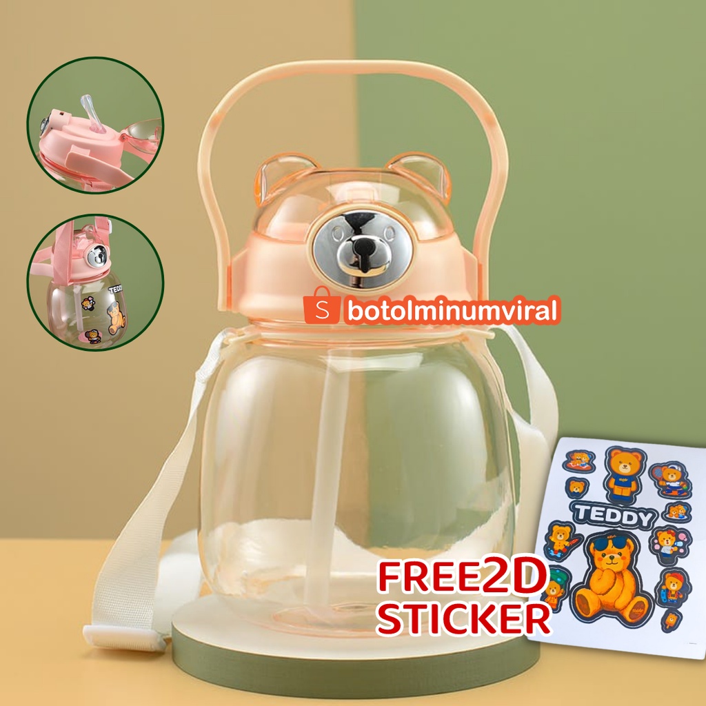 Botol Minum Viral 1,3 Liter Stiker Gemoy Bear Bening Tali Sedotan Tas Serut