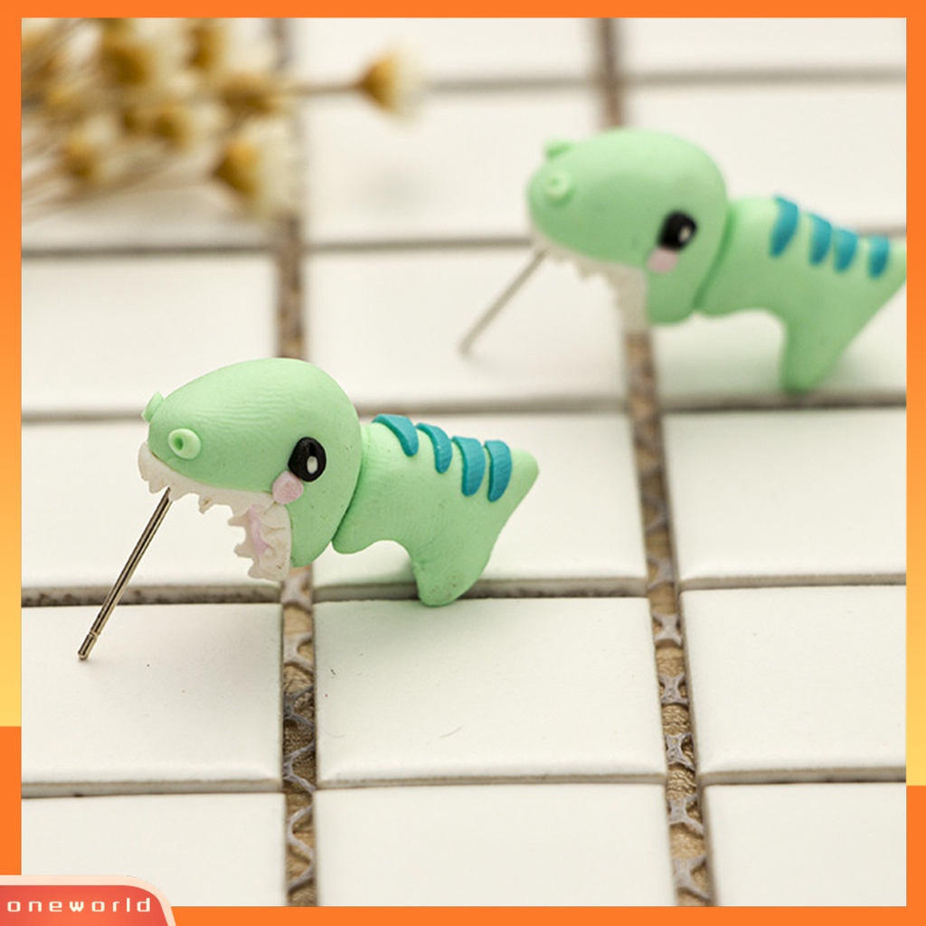 [WONE] Wanita 3D Kartun Dinosaurus Menjuntai Hewan Gigitan Polymer Clay Stud Earrings Untuk Pesta