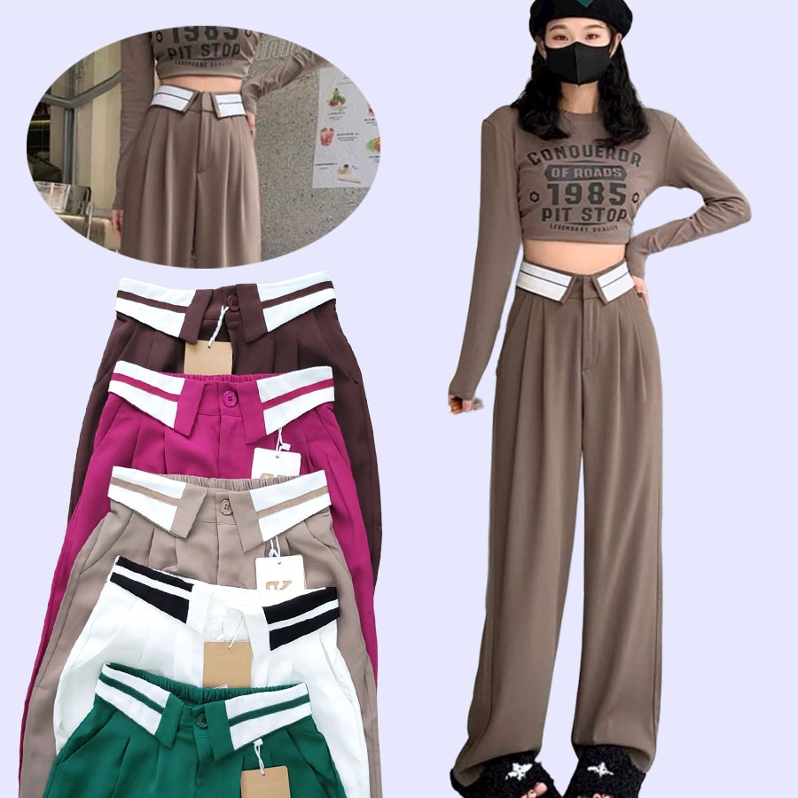 LOVEMECORNER IMPORT JENNIE FOLD WAIST PANTS CELANA PANJANG WANITA KOREA JENNIE BLACKPINK LOOK ALIKE 