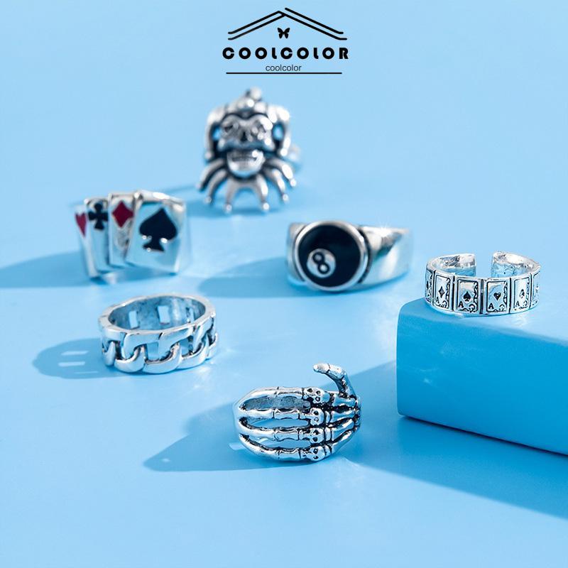 COD❤️6PCS/Set Cincin Unisex  Punk Membesar-besarkan  Badut Poker Cakar Hantu Tengkorak  Perhiasan Bulat Nomor 8- cl