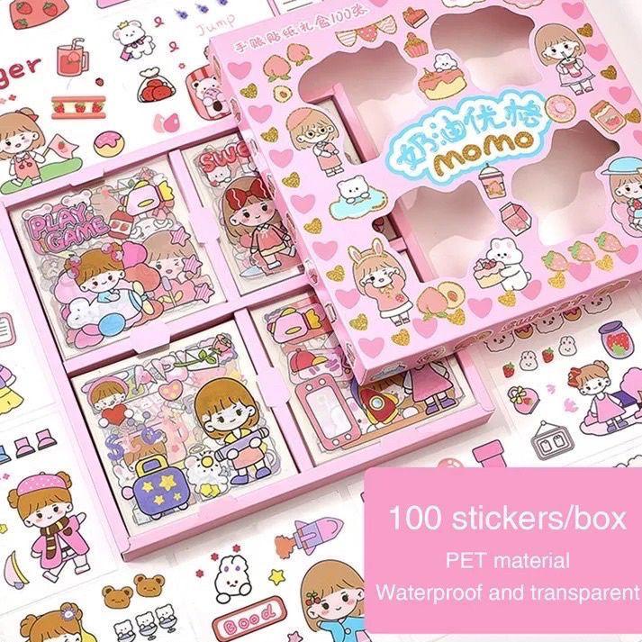 

Lagi Trend (100 lembar) Stiker 2D Sticker botol minum 2D plastik anti air/Buku Diary Stiker Motif/Stiker Anti Air+