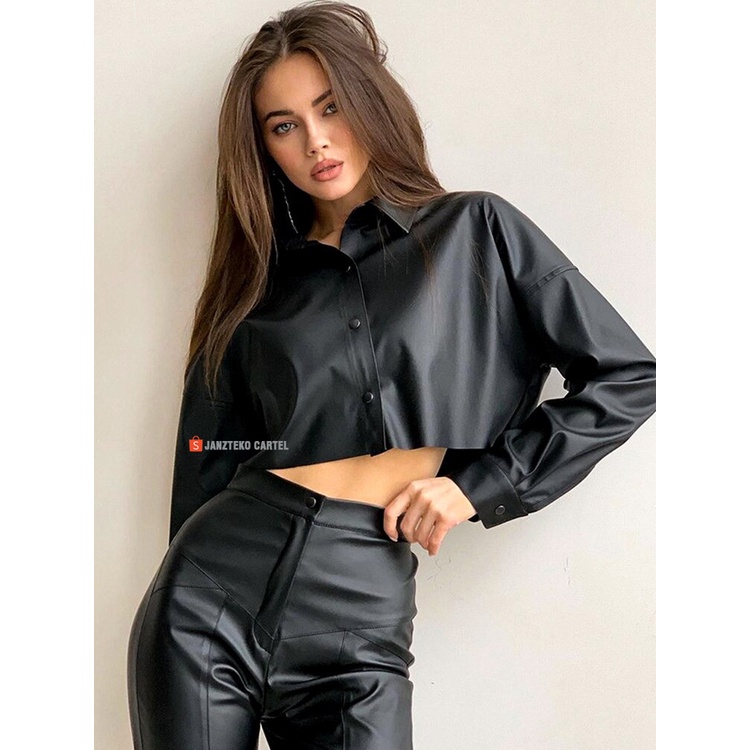 JNK x TIFFAN - Jaket Wanita Crop Top Model Kemeja Casual Vintage Kancing Bahan Semi Kulit Sintetis Viena PU Faux Synthetic Leather Jacket Genuine Premium Cewek Perempuan Blus Musim Gugur Musim Dingin Lengan Panjang Solid Hitam Pendek Oversize Import Korea