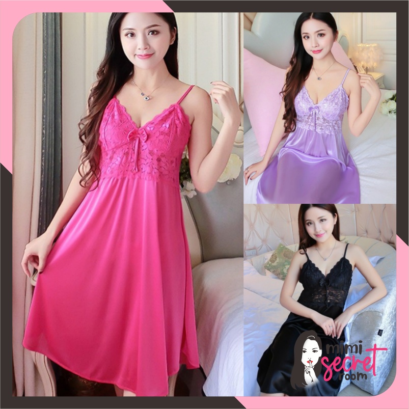 ❤ MIMI ❤ Baju Tidur Sexy Lingerie Satin Renda Bunga Lebar Pita Panjang Exclusive Import Terlaris