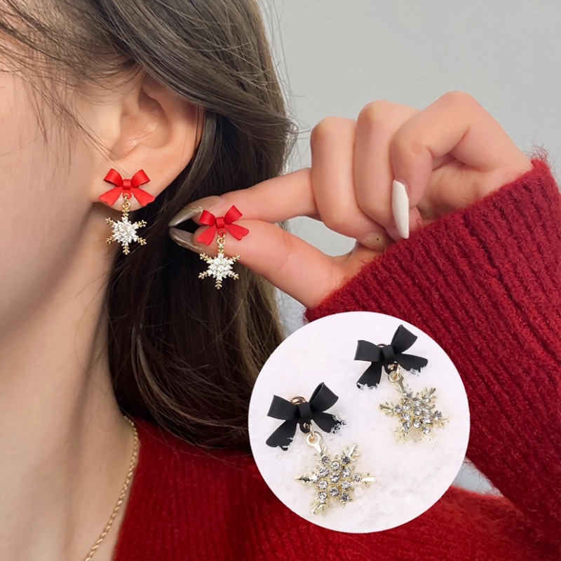 1pasang Shiny Zircon Pendant Earring Sweet Ladies Aksesoris Halus Perhiasan Telinga Natal Busur Snowflake Stud Earrings Untuk Pesta Pacaran Makan Malam