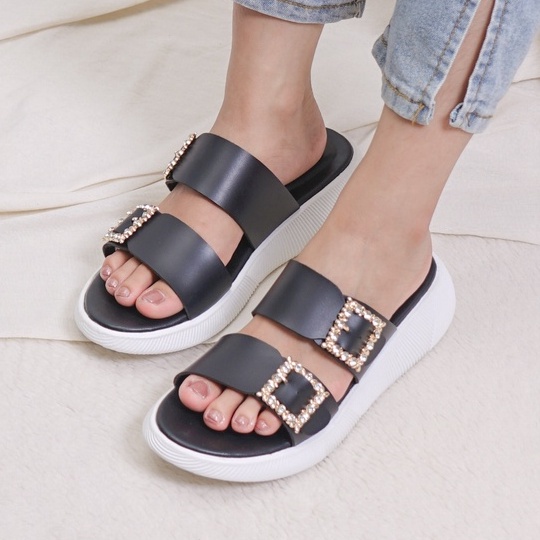 SARASARA YUK - Sandal Wanita Slop Casual Model Birken Sol Puyuh SARA SARA JOA ALL COLOR Sendal Cewek Kulit Santai Strap Gesper dua Empuk Size 36 37 38 39 40 Warna Biru Blue Dongker Selop Anti Slip Premium Original Terbaru Shoes ORI Mall Official Store