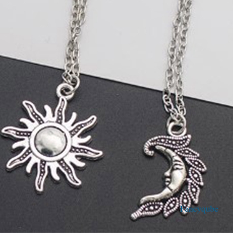 Antik Warna Perak Matahari Bulan Liontin Kalung Pecinta Retro Pendek Rantai Choker Kalung Teman Wanita Fashion Perhiasan