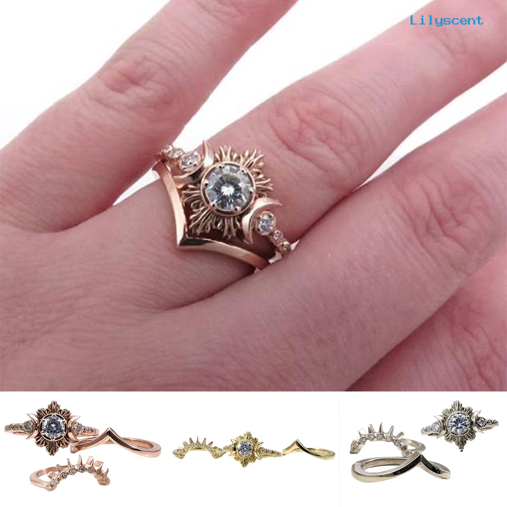 [LS]3Pcs Wanita Cincin Bulan Matahari Stackable Perhiasan Bohemian Tahan Lama Jari Cincin Untuk Pacaran