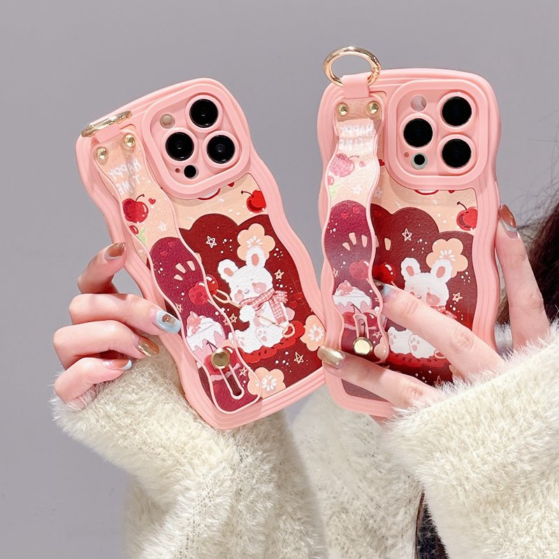 Wave Wrist strap Leather Soft Case iPhone 6S 7 8 Plus XR XS Max 11 12 13 14 Pro Max 14 Plus Protect Phone Case Cute Cherry Rabbit Pink