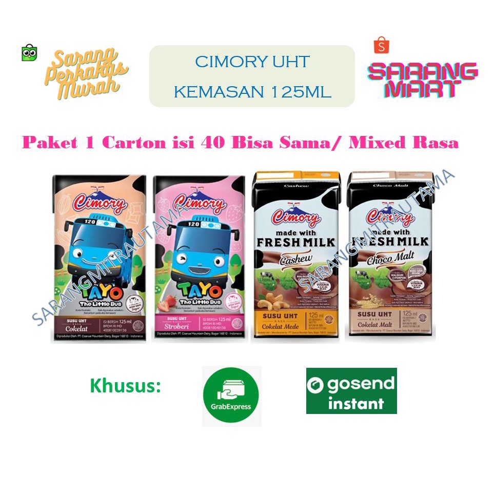 

Susu UHT CIMORY Kemasan 125ML - Paket 1 Carton isi 40 Pcs - Bisa Sama / Mixed Rasa [khusus Gojek/ Grab Instant]