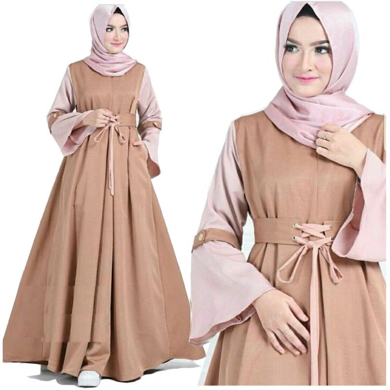 Maribell - Dress Baju Gamis Wanita Muslim Kondangan Busui Tali Pita Pinggang Tengah Tangan Lengan Le