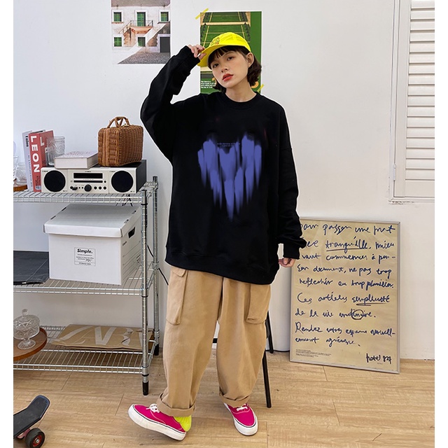 XIAOZHAINV Korean Style Blue Love Pattern Lengan Panjang Baju Sweater Wanita A0207