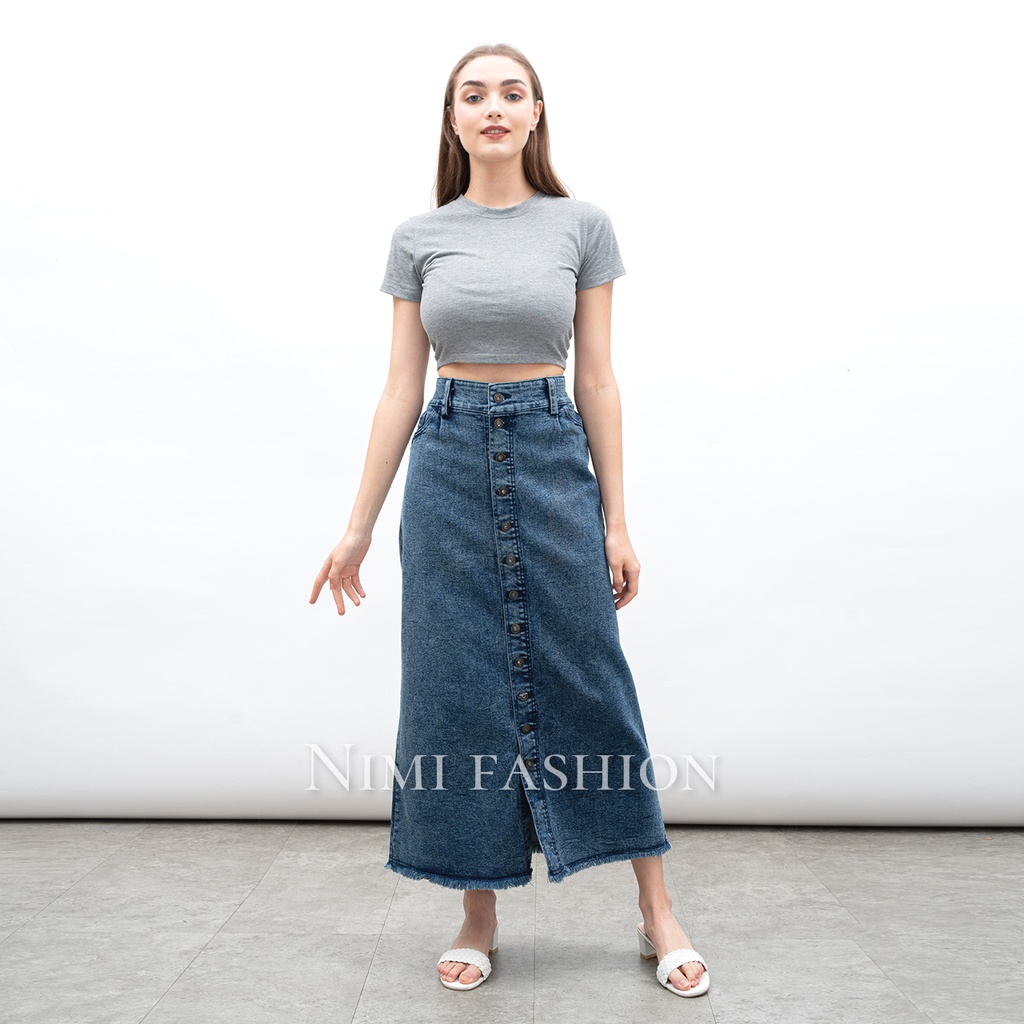 NIMI - Rok Jeans Stretch Panjang Wanita Rok Jeans Highwaist Premium