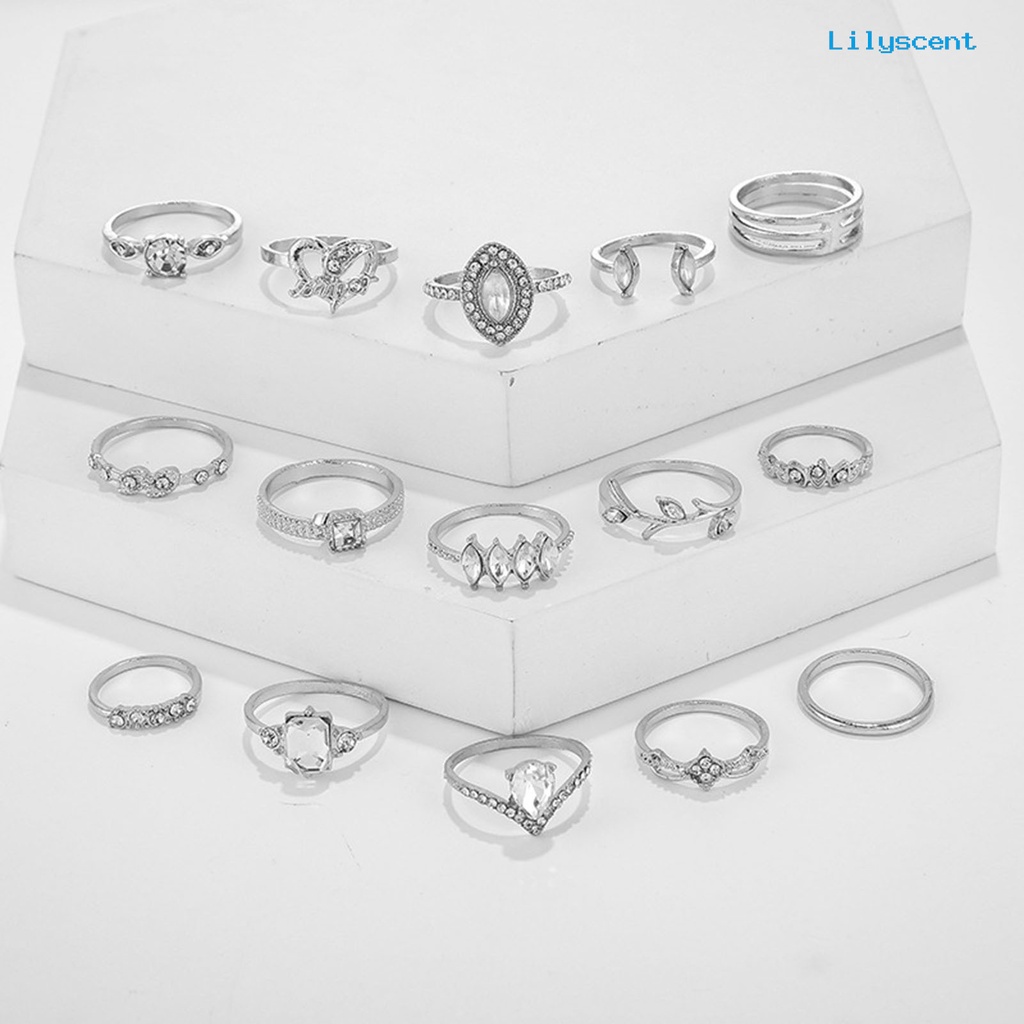 [LS] 15pcs/set Cincin Fashion Kerajinan Tangan Geometris Hati Kristal Imitasi Perhiasan Ring Untuk Pesta