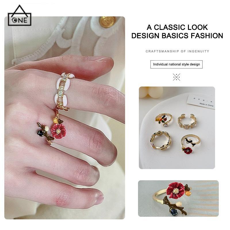 COD❤️Cincin Model Terbuka Bahan Alloy Desain Bungaburung Hias Berlian Imitasi Untuk Wanita Aksesori Cincin Serbaguna-A.one