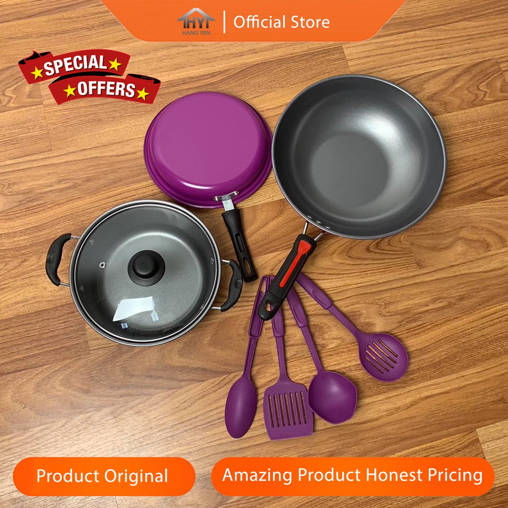 Panci 4 Set Serbaguna Teflon Marble Cookware Set Tutup Kaca Anti Lengket