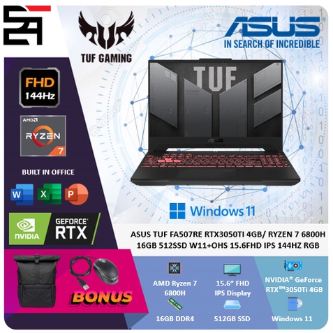 ASUS TUF FA507RE RTX3050TI-4GB RYZEN 7 6800H 16GB 512GB SSD W11+OHS 15.6 Inchi FHD IPS 144HZ RGB