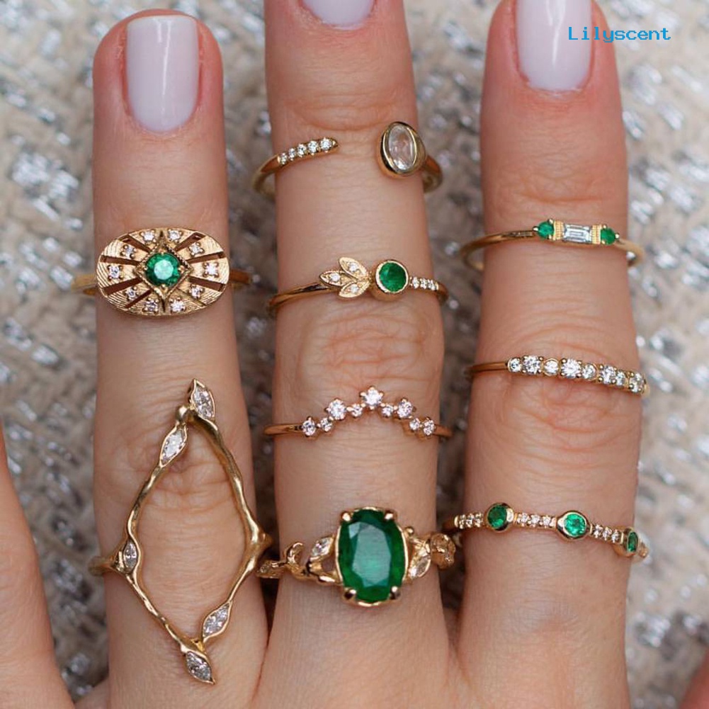 [LS]9Pcs /Set Lady Hollow Belah Ketupat Oval Berlian Imitasi Pembukaan Susun Knuckle Midi Ring