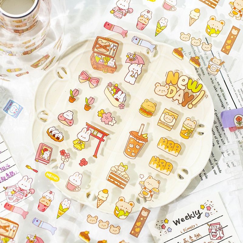 

Cute sticker karakter beruang dan kelinci bahan PET