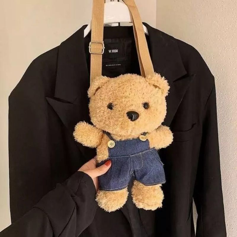 Tas Selempang Wanita Anak Remaja Boneka Teddy Bear Mini Overall Bahan Bulu Gemoy