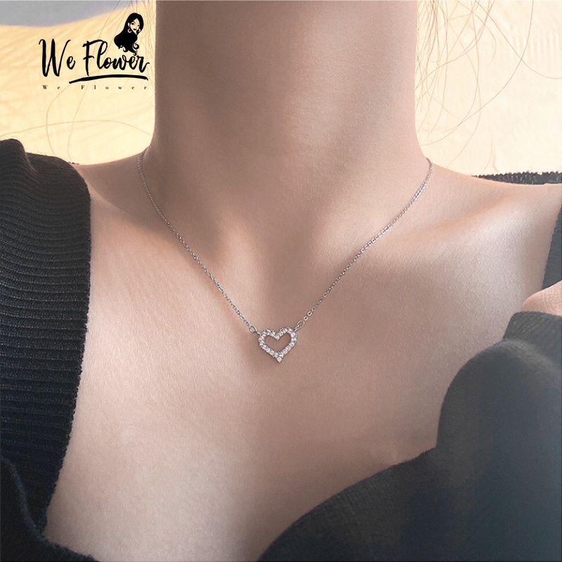 Kami Bunga Korea Bersinar Kristal Berongga Jantung Liontin Kalung Untuk Wanita Gadis Zirkon Manis Peach Perak Tulang Selangka Rantai Necklaces Jewelry