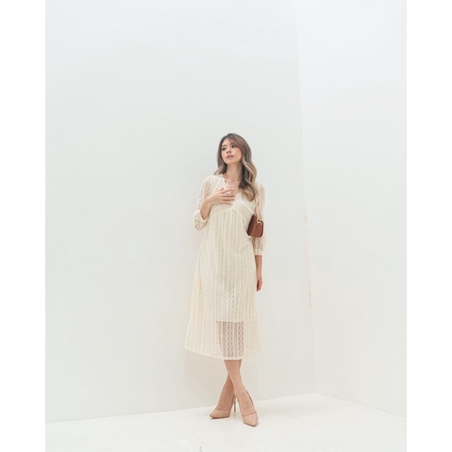 [ LittleBigCloth ] Pearly Dress // Midi dress Wanita Dress Lace Dress Brokenwhite Dress Pesta