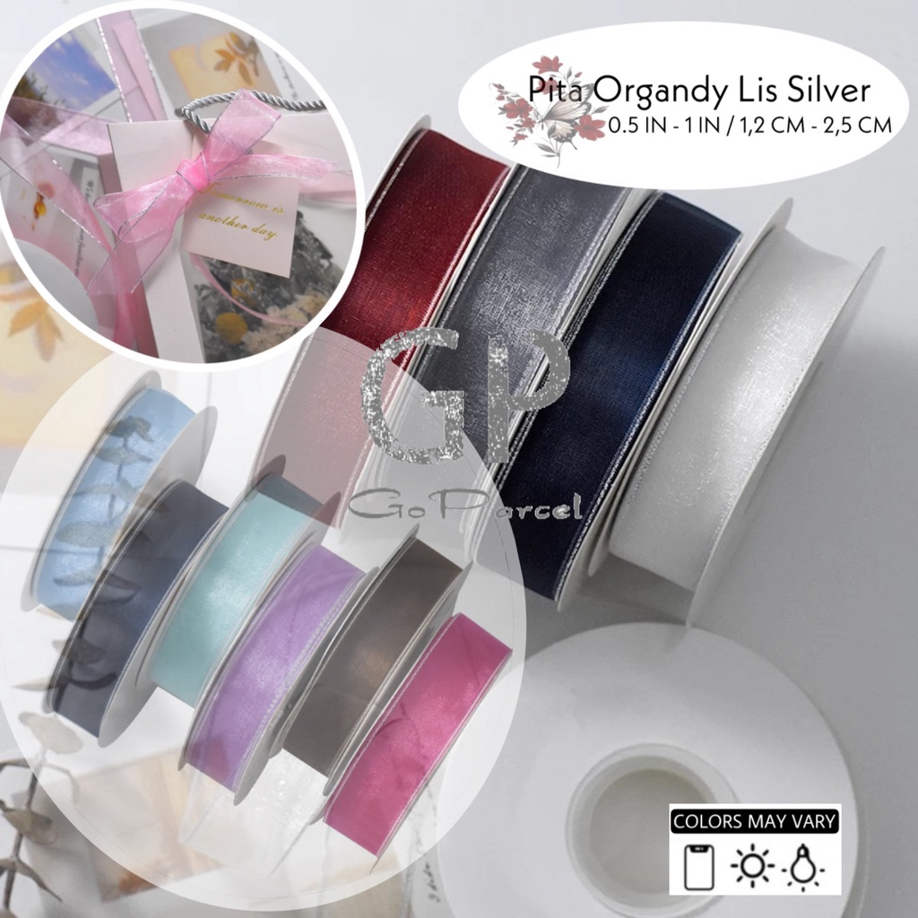 ( Rol 20 Yard ) SILK ORGANZA ORGANDY GIFT RIBBON SILVER EDGE 12MM - PITA ORGANDI 0.5 IN 1.25 CM GIFT RIBBON 1/2 INCH PITA KADO LIST PERAK