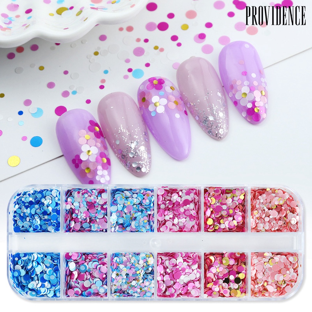 Providence 1kotak Nail Art Payet Bersinar Berkilau Mempesona DIY Multicolor 12kisi Mix Ukuran Kuku Bulat Payet Serpihan Manicure Store Supply