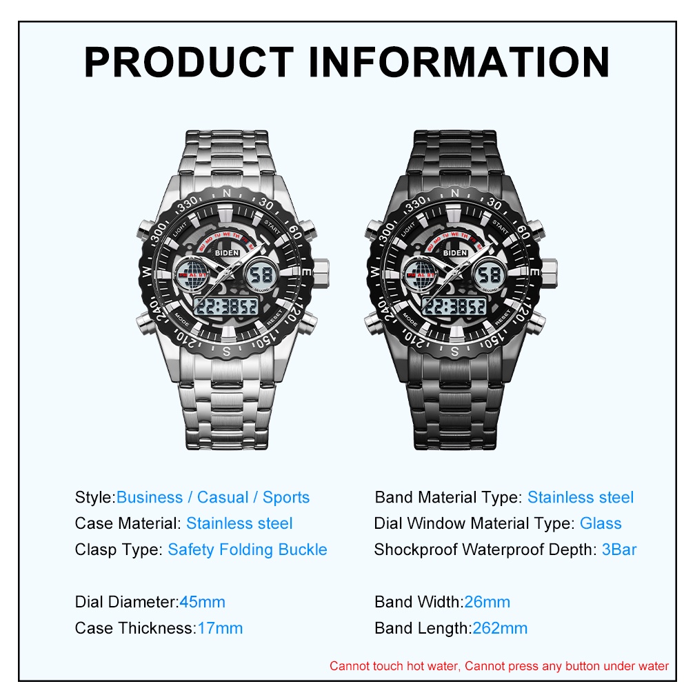 BIDEN Jam Tangan Pria Anti Air Olahraga Tren Multifungsi Tampilan Analog &amp; Digital Tali Stainless Steel  Jam Tangan Pria Original