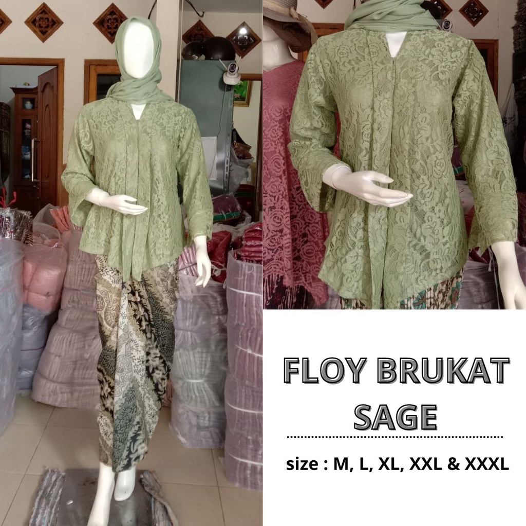 Kebaya Floy Brukat Sage Green Dan Rok Kain Batik