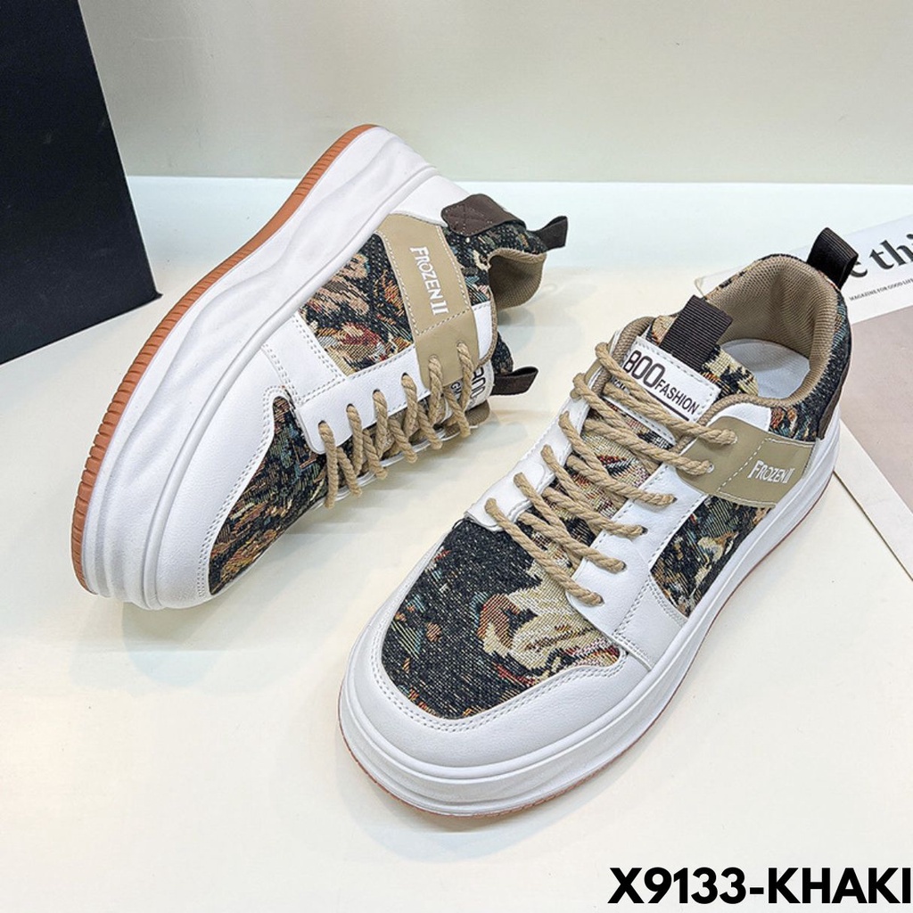 SEPATU SNEAKERS WANITA BERTALI KEKINIAN HIGH SOLE LOW CUT MOTIF ELEGANT BAHAN PU COMBI CANVAS IMPORT 9133