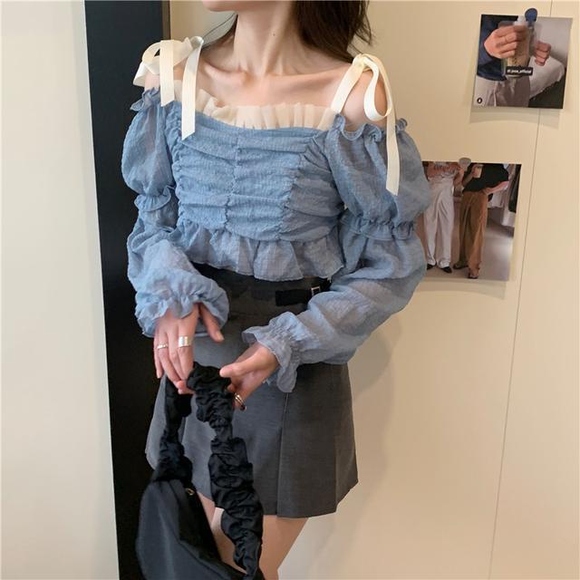 Suhao Two-Piece Suits Girls ~ Korean Xianxian Detachable Sleeves Strapless Strap Shirt + Belt Buckle Pleated Skirt