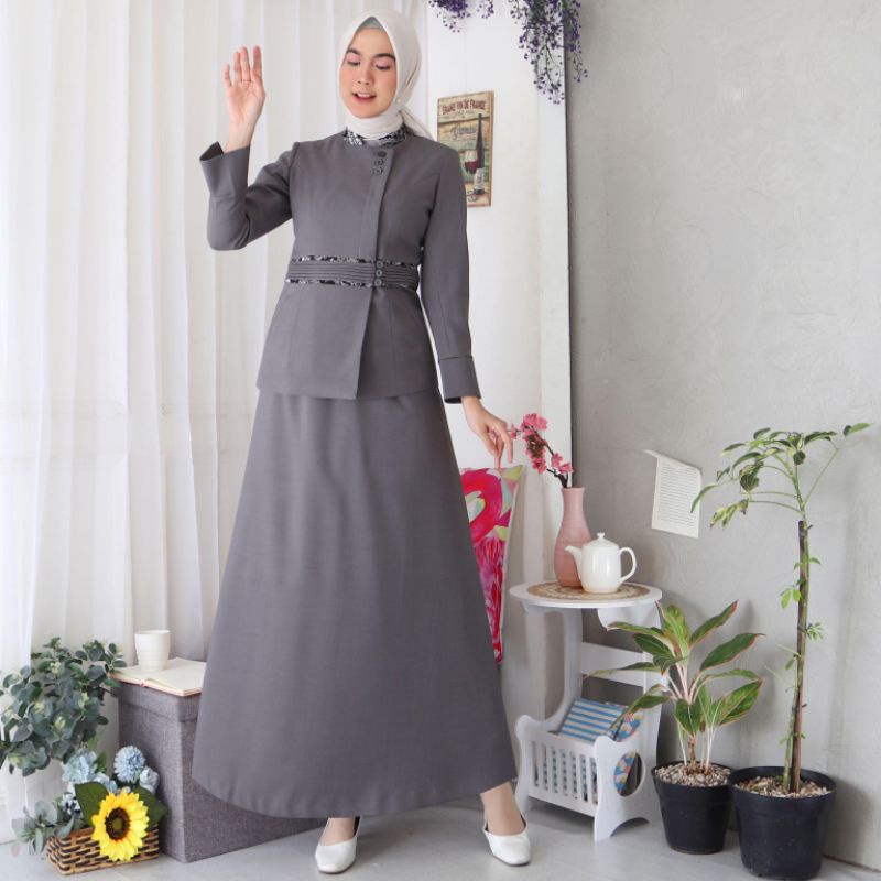 Jas Blazer Batik Wanita Asn,Pns Model 7007 Warna Abu Muda Set Rok.