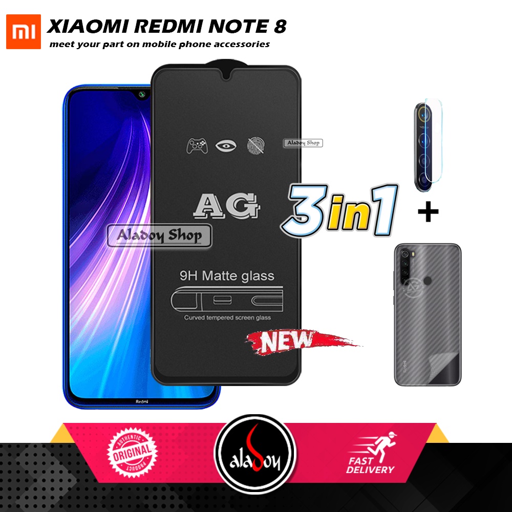 Paket 3IN1 Tempered Glass Layar Matte Anti Glare XIAOMI REDMI NOTE 8 Free Tempered Glass Camera dan Skin Carbon