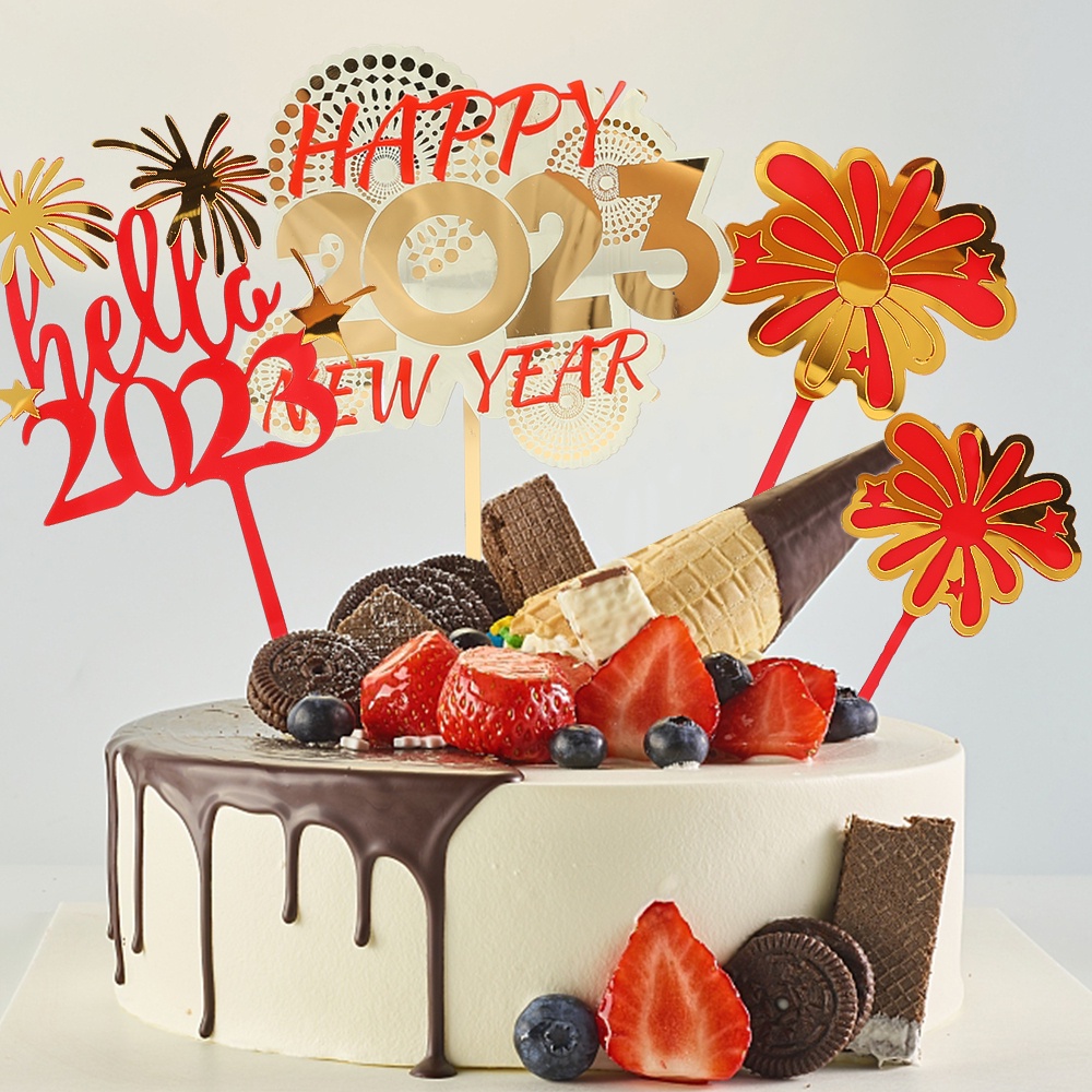 Happy New Year 2023kartu Kue Akrilik/Dekorasi Dessert Pesta Keluarga Golden Red