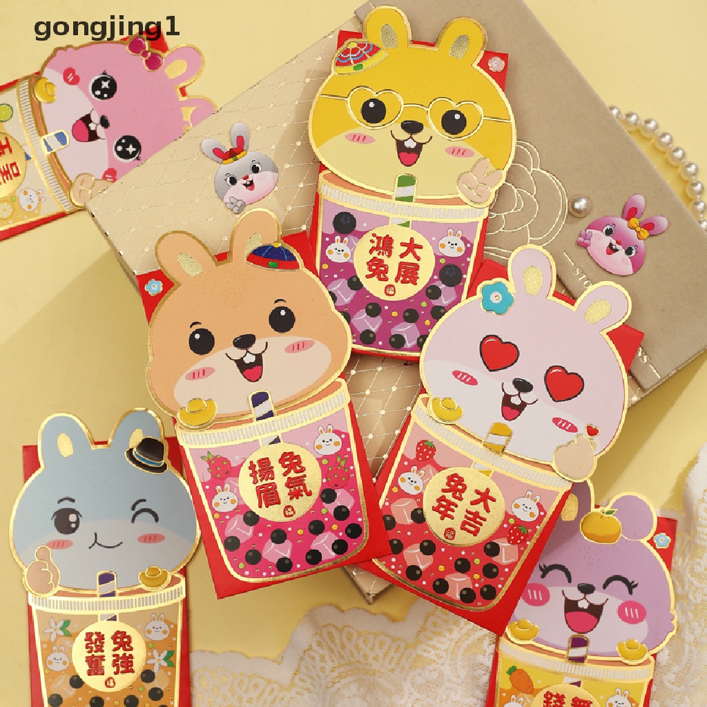 Ggg 6Pcs 2023tahun Kelinci Kartun Uang Keberuntungan Lion Dance Amplop Merah Tiga Dimensi Bless Bag Festival Musim Semi Hongbao ID