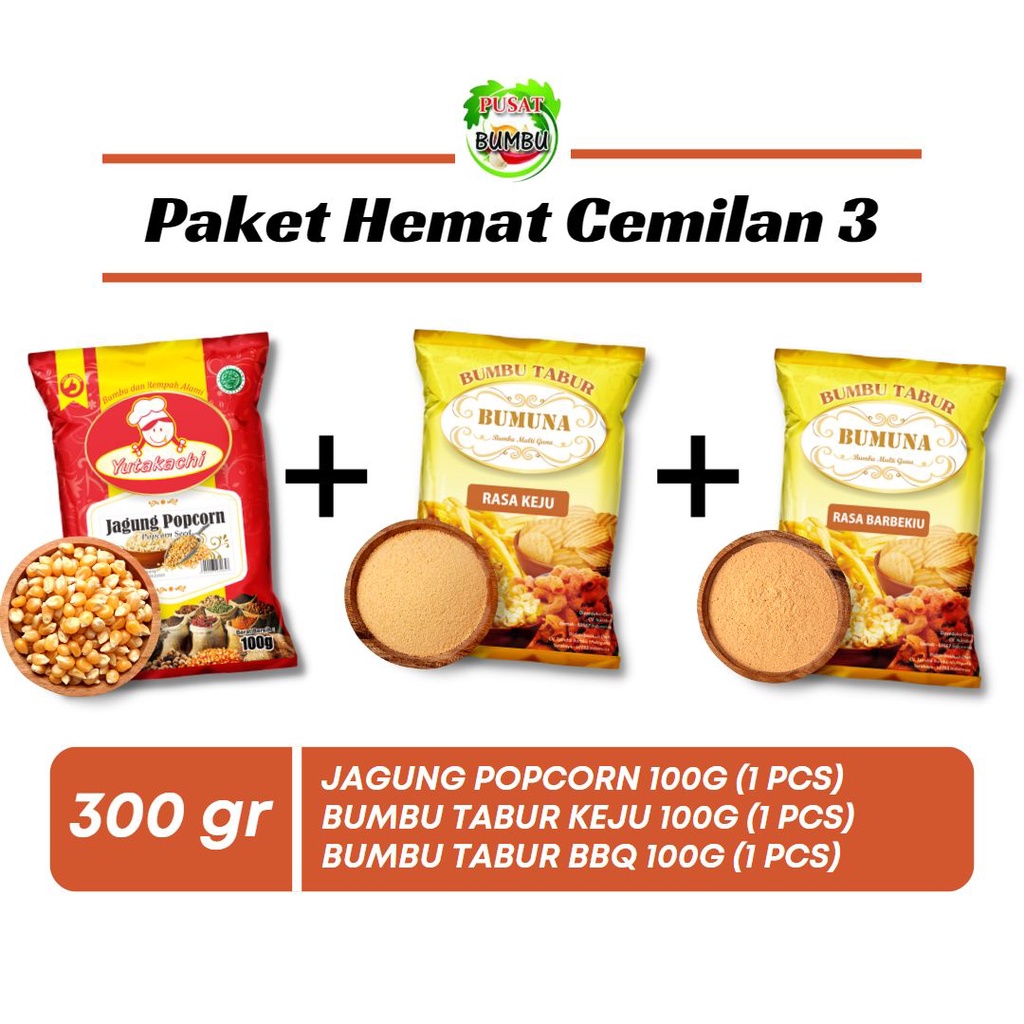 PAKET CEMILAN 3 (Jagung Popcron Yutakachi (1) + BUMUNA Bumbu Tabur Keju (1) + BUMUNA Bumbu Tabur BBQ (1))