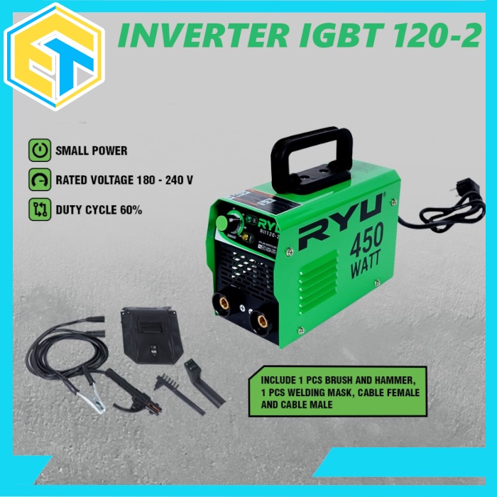 Mesin las 450 watt ryu Inverter MMA 120 IGBT 450 watt TRAVO LAS LISTRIK set Lengkap Promo