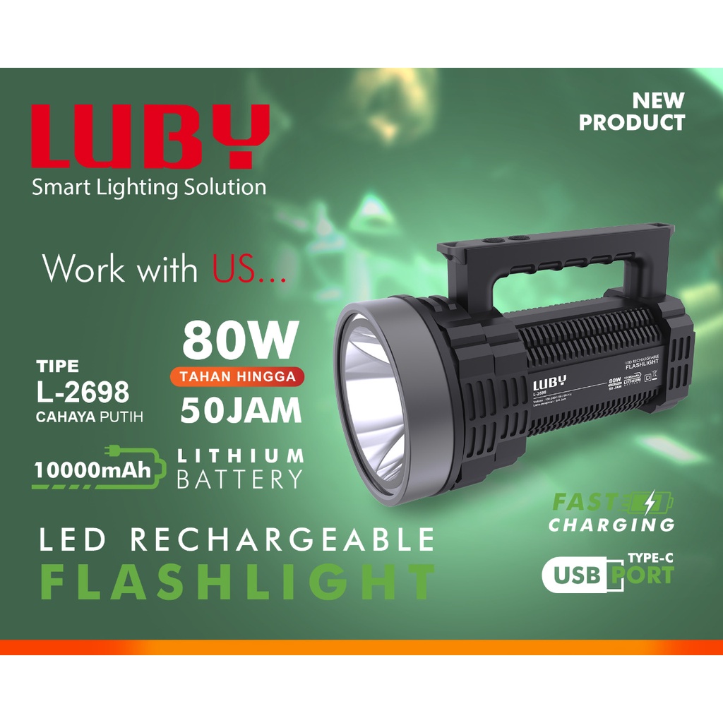 LUBY Senter Jumbo Premium Super Terang LED 80 Watt L-2698 Rechargeable Flashlight Tahan Lama