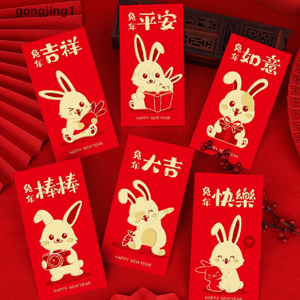 Ggg 6PCS 2023festival Tahun Kelinci Imlek Hongbao Bronzing Amplop Merah Spring Festival Good Wishes Lucky Money Red Packets Year Festival Supplies ID