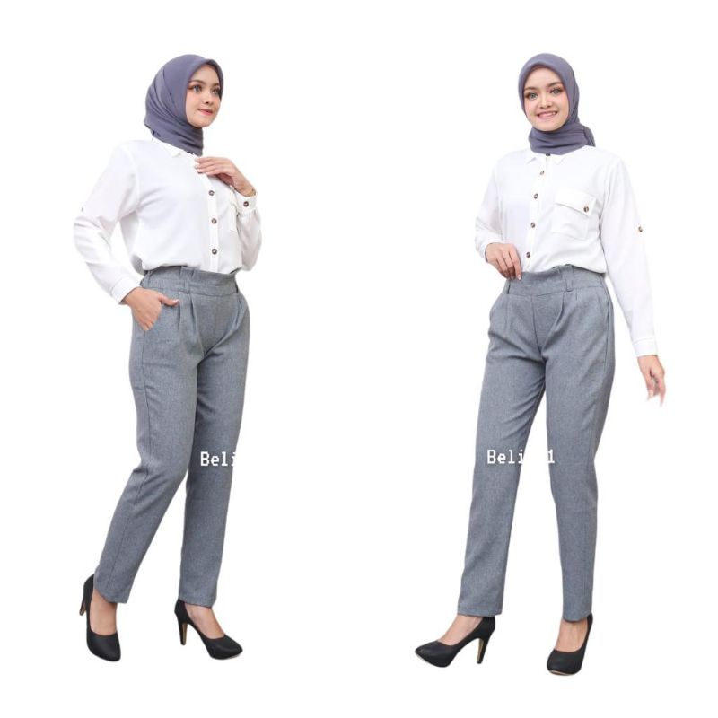 Celana Kerja Panjang Wanita Kantor Pinggang Karet Bahan Formal Hitam Polos Model Baggy Pants High Premium Viral