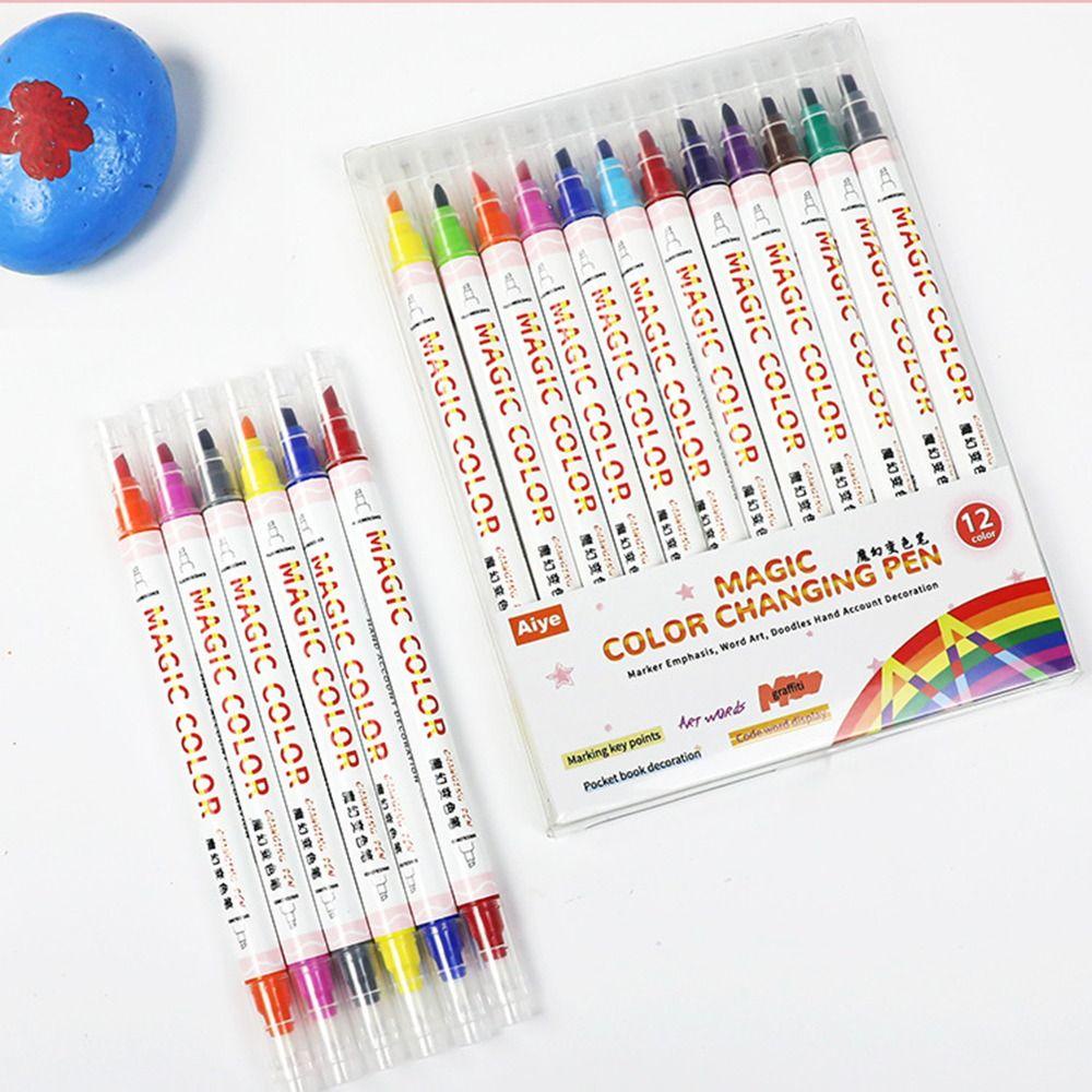 R-flower 12warna/Set Fluorescent Marker Stationery Alat Gambar Kepala Ganda Berubah Warna