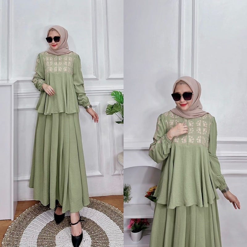 Syalina Sett Rok Cringkle Atasan Bordir Sleting Depan Busui Friendly / Setelan Wanita Elegan / Baju Stelan cewek / Gamis Lebaran / Pakaian Pesta Kondangan / Fashion Cantik