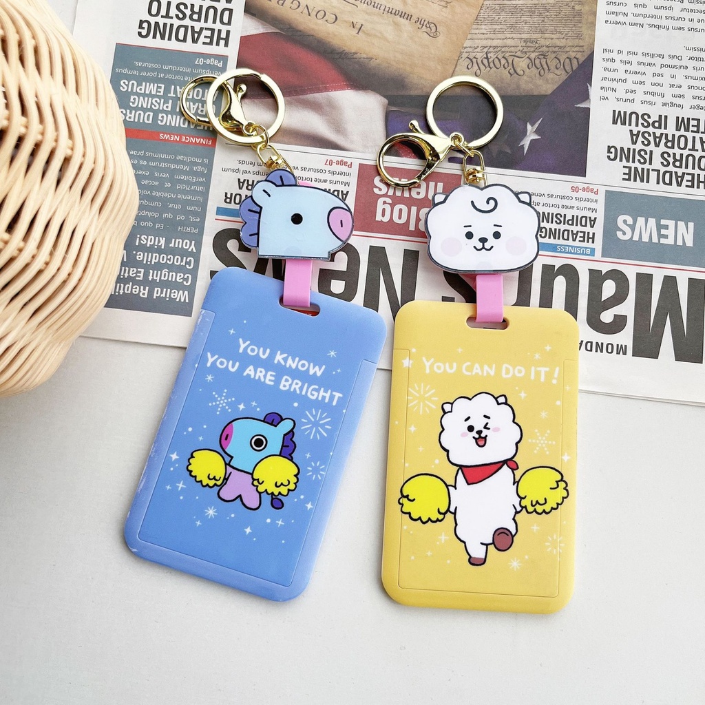 KPOP BTS BT21 Card Holder Hard Case TATA COOKY Photocard Protector Key Ring dengan Rantai Gantung yang Dapat Direnggangkan