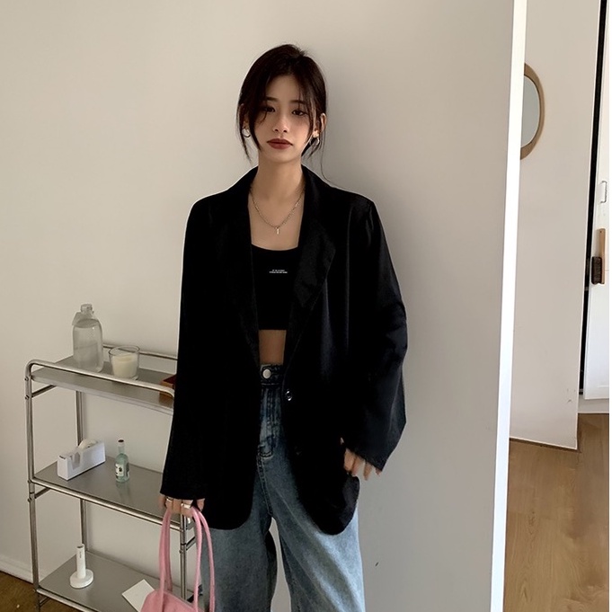 korean style outer basic crop top jaket lengan panjang jaket wanita/atasan hitam