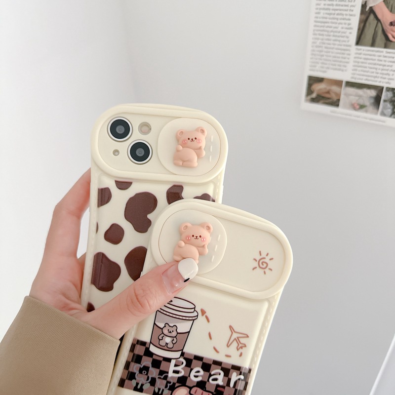 Leopard Print &amp; Milk Bear Doll Push The Window Cover Soft Case iP iPhone 11 12 13 14 Pro Max Brown Casing Apple