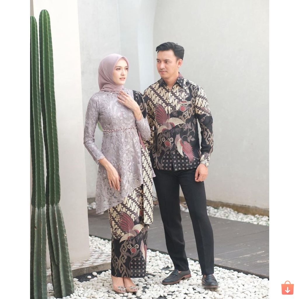 BATIK OFFICIAL - Batik Couple Zara Kebaya Modern Baju Couple Pasangan Kebaya Kondangan Wisuda - Couple Batik Brukat Tulle Mutiara - Outfit Kondangan Kekinian Zara Couple