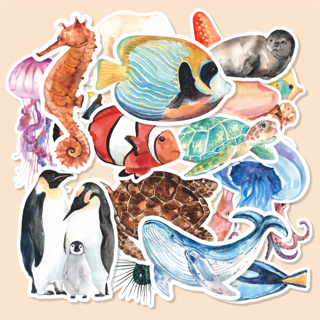 

( 50 pcs ) stiker murah random/stiker HEWAN LAUT-watercolor/scrapbook