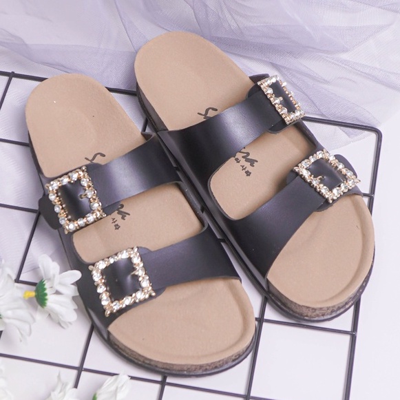 SARASARA YUK - KIMMY Sandal Wanita Slop Casual Size 36 - 41 Model Birken Sol Puyuh Sara Sara Sendal Cewek Kulit Santai Rumahan Strap Gesper dua Kristal Blink Empuk 37 38 39 40 Warna Black Hitam Soft Selop Anti Slip Original Shoes ORI Mall Official Store