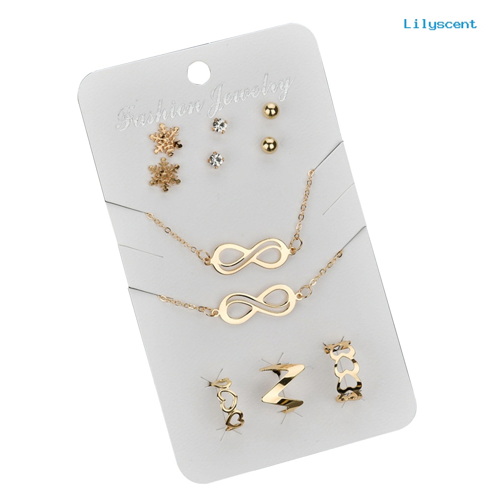 [LS] Simbol Kalung Snowflake Anting Cincin Gelang Wanita Set Perhiasan