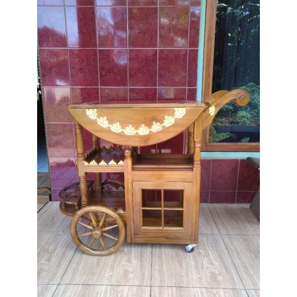 Meja Teh Dorong Meja Bundar Kayu Jati - Meja Troly Dorong